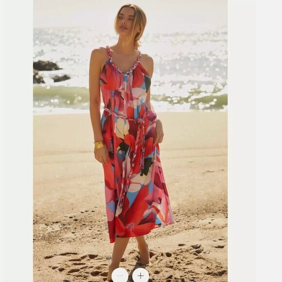 Farm Rio New Festival Color Halter Dress Size L Pink Blue Beach Sundress Braided - Picture 1 of 5